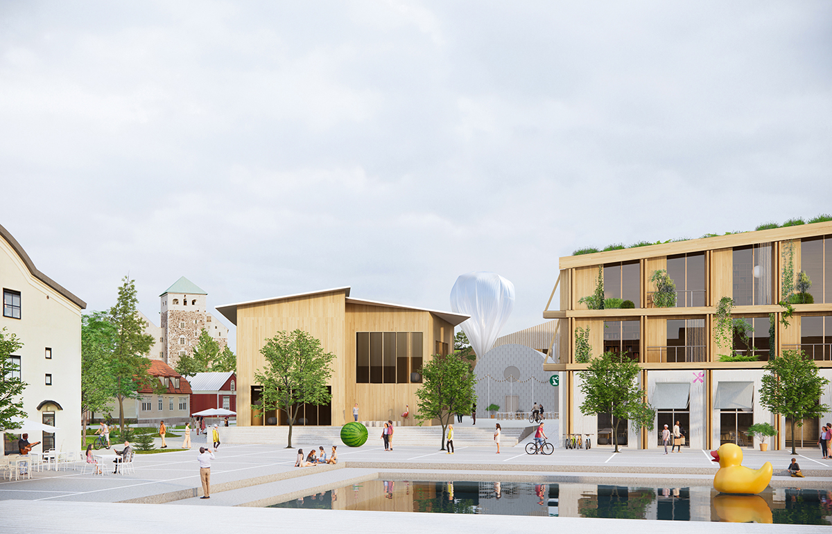 Design plan of Linnanniemi area in Turku with three houses, immediate water access and trees