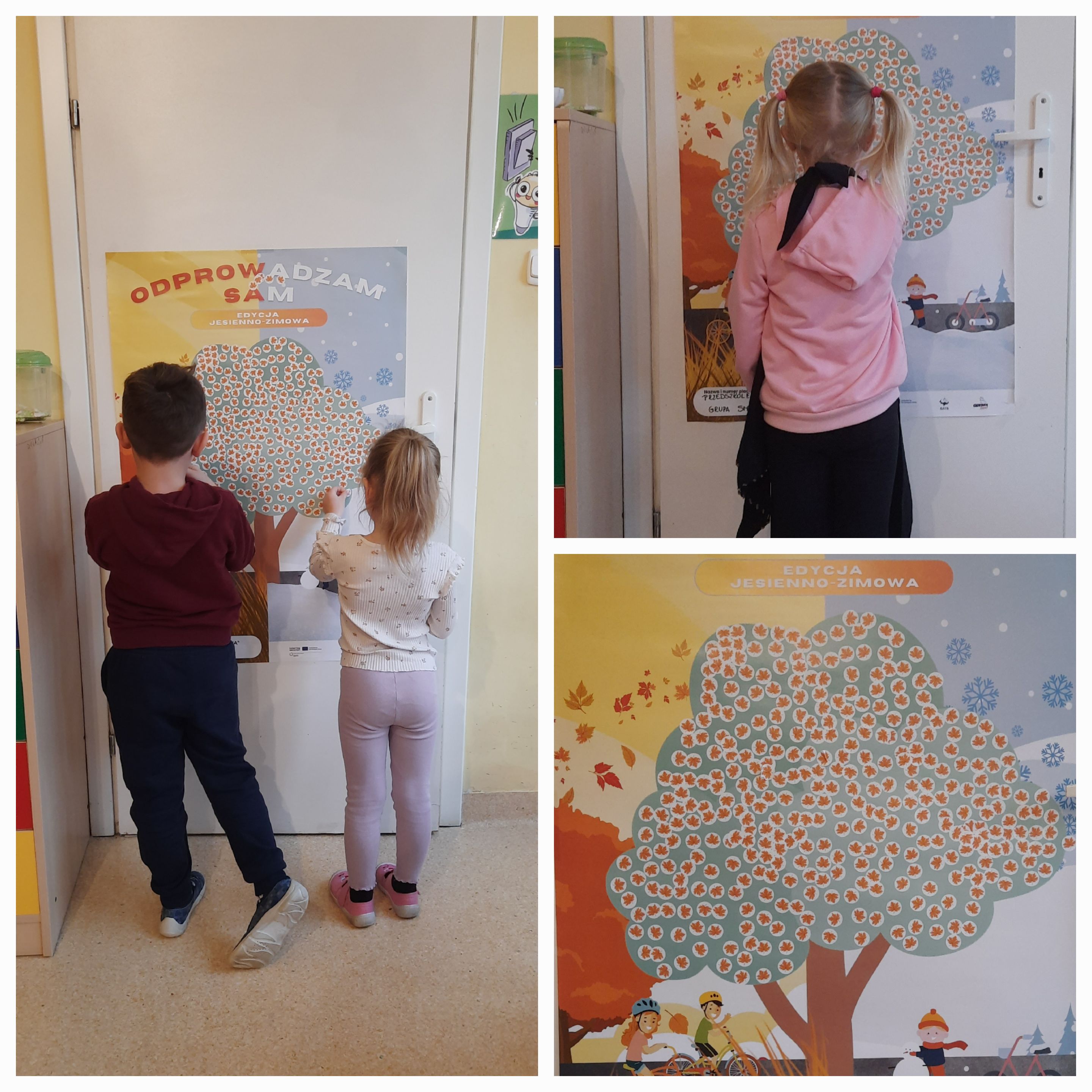 Children putting the leaves on the tree every day they arrived to the kindergarten by active mobility means