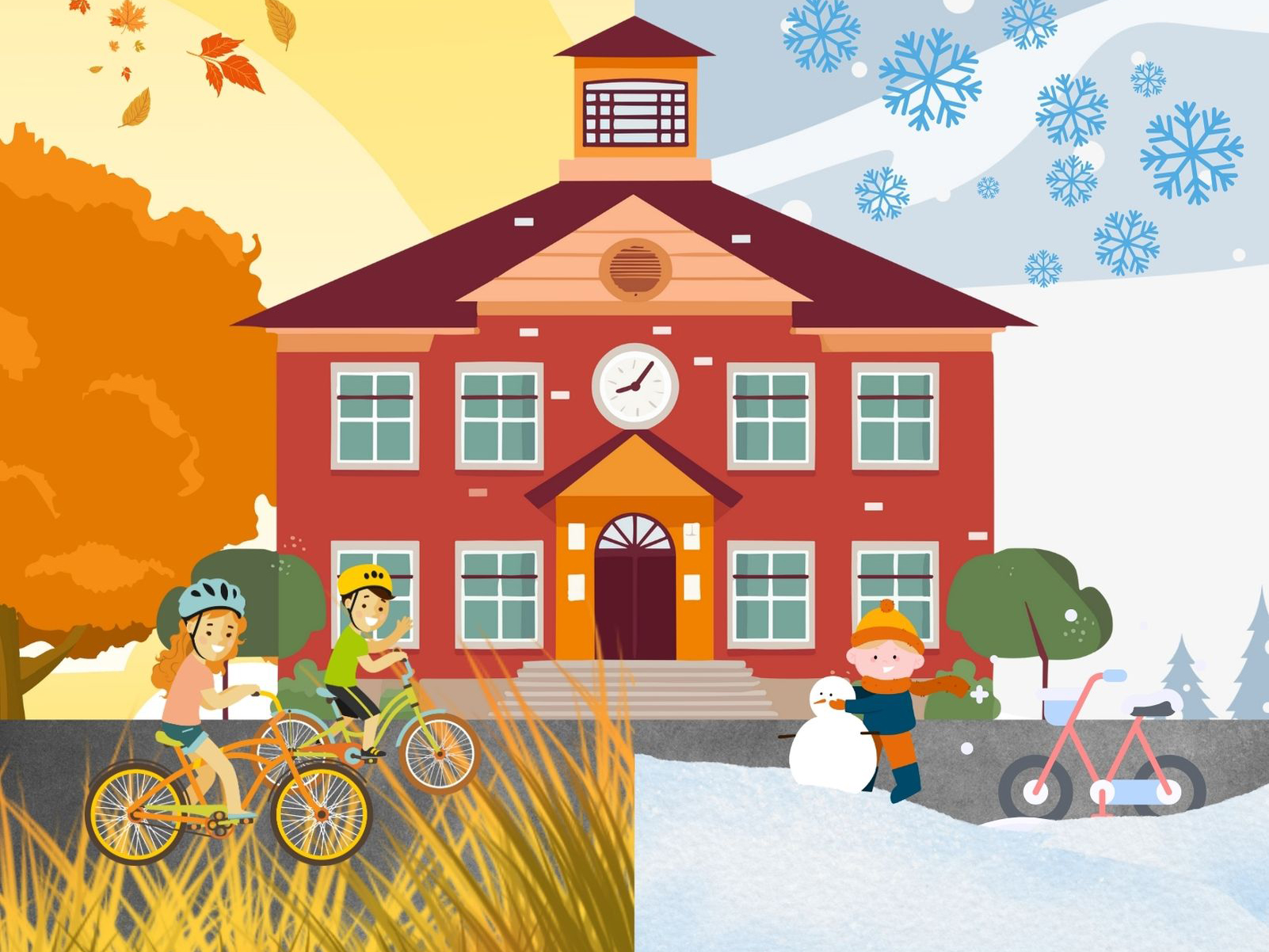 Campaign illustration with children playing and using bikes to get to school.