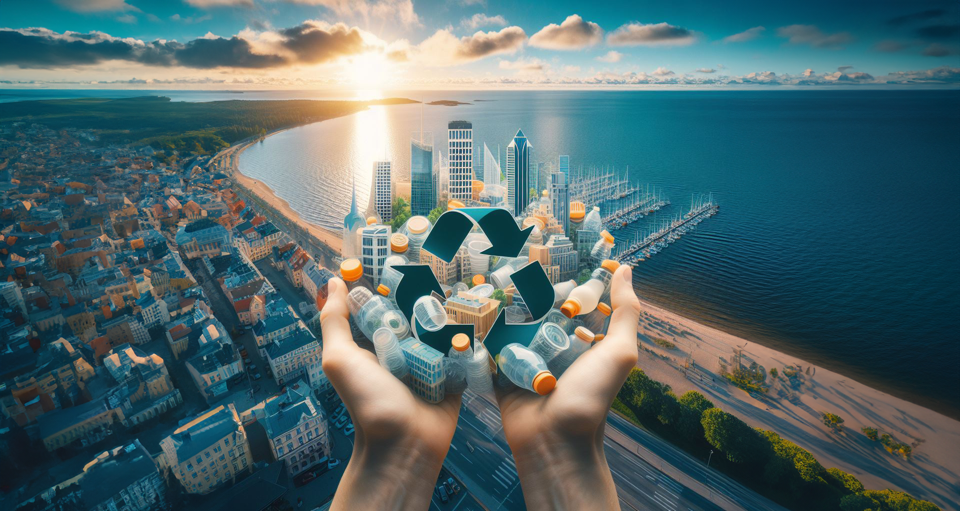Cityscape with hands holding the recycling symbol and plastics