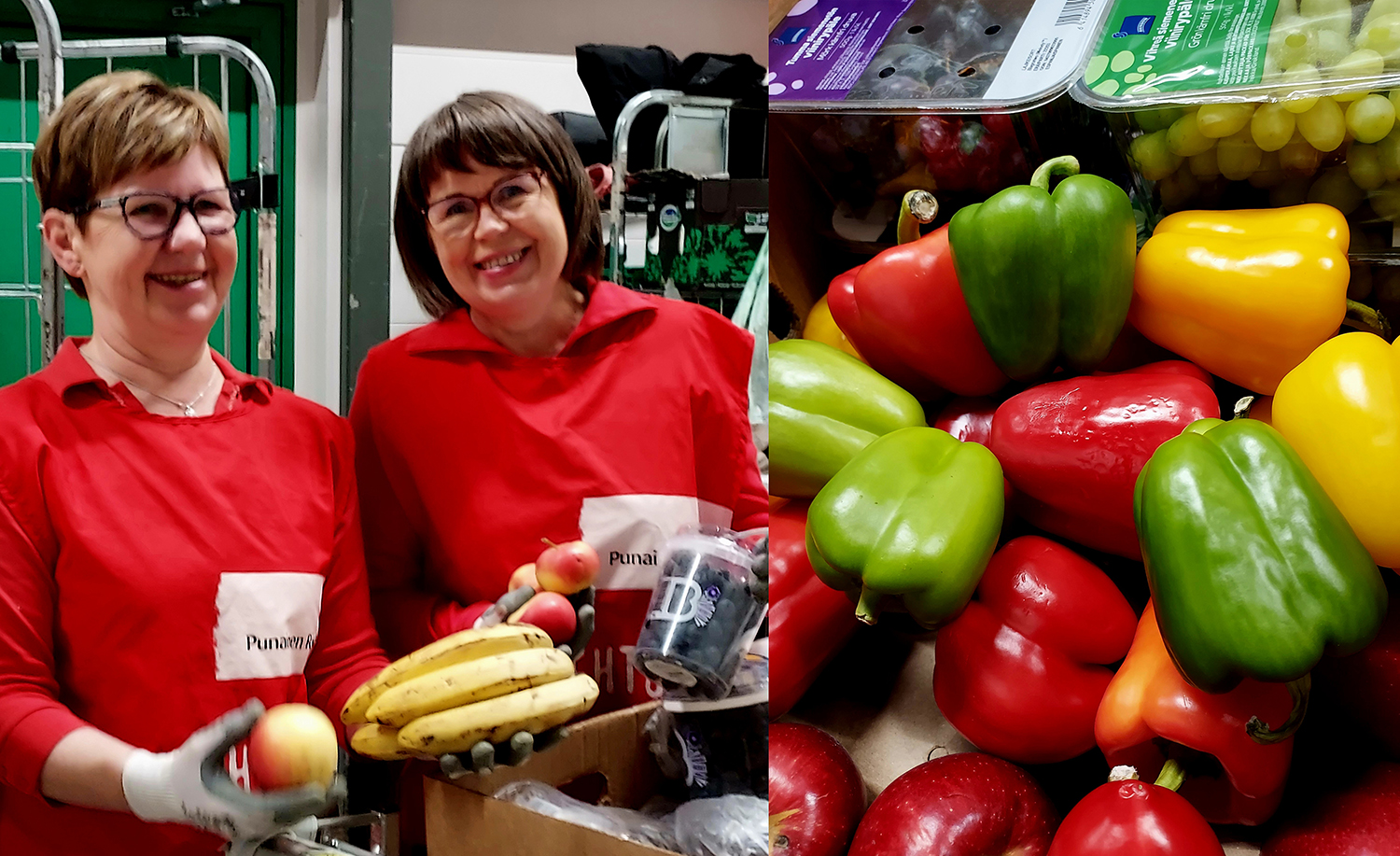 Two women hold fruits and vegetables that are saved from going to waste.