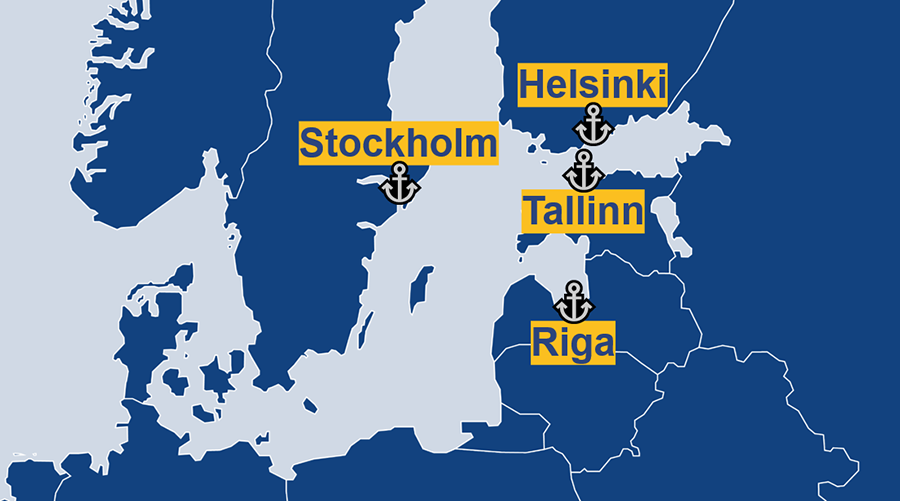 Map of the Baltic Sea region with four capitals marked: Stockholm, Helsinki, Tallinn, Riga.