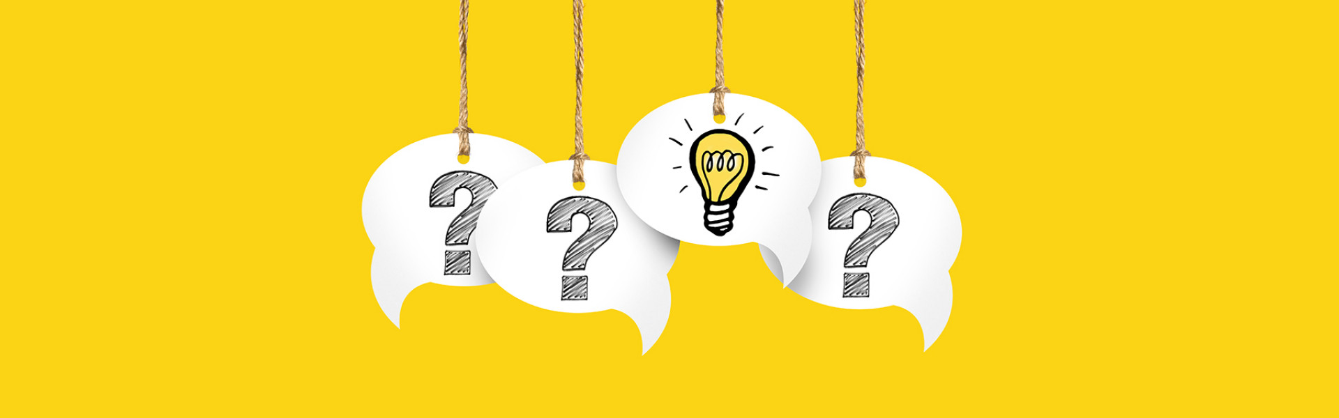 Three questions and one solutions displayed as speach bubbles
