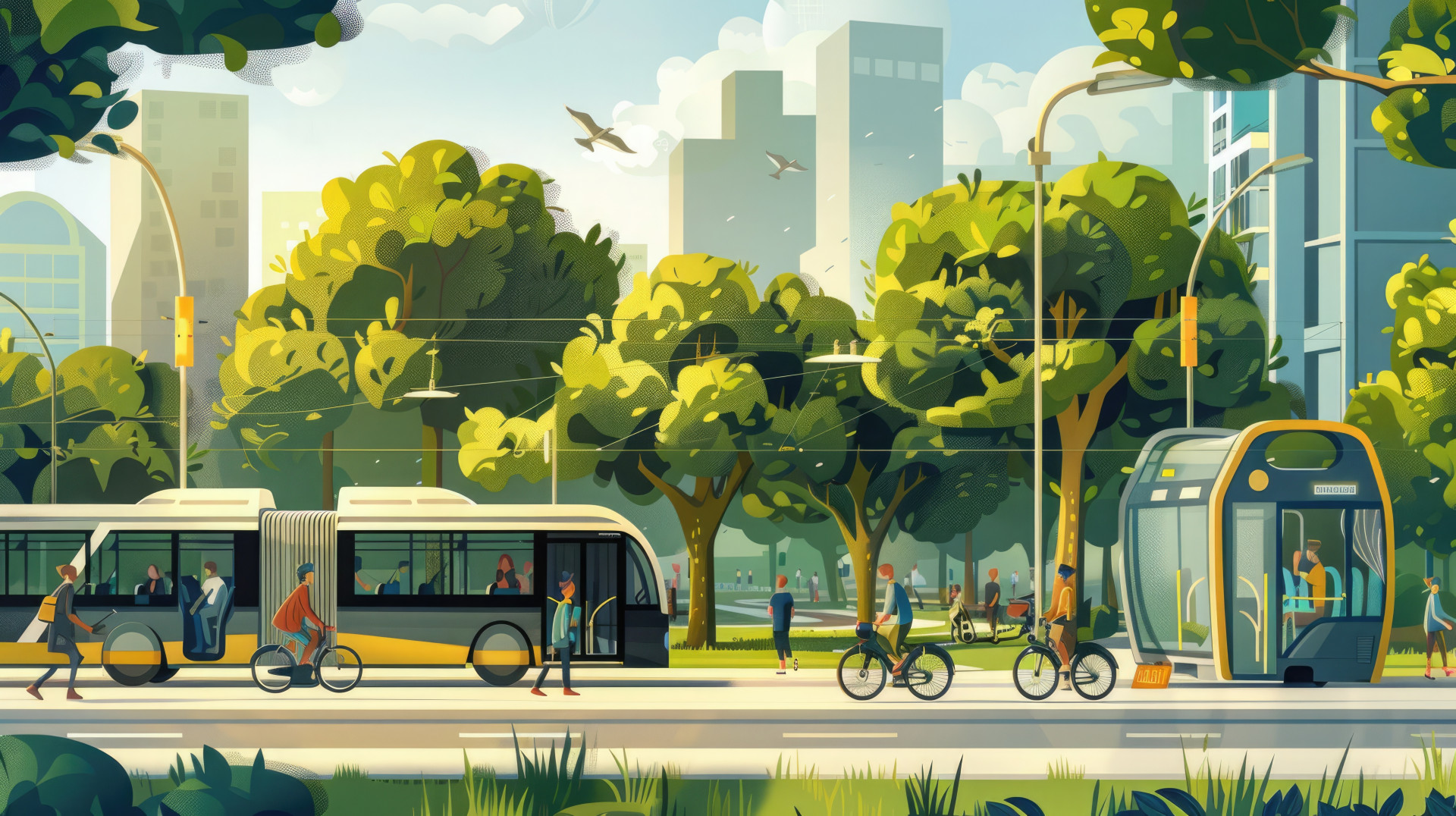 AI-generated illustration of a green city using multimodal transportation