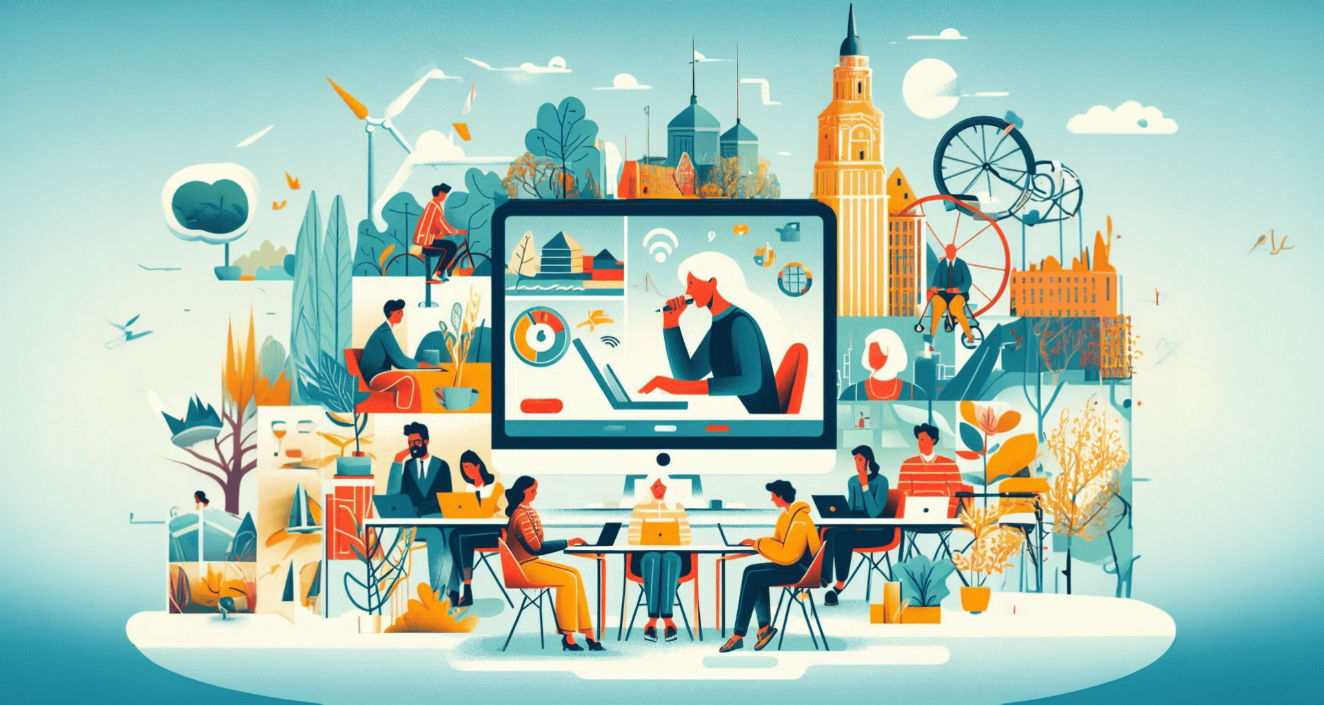 AI-generated image of people working on their laptops all around a city.