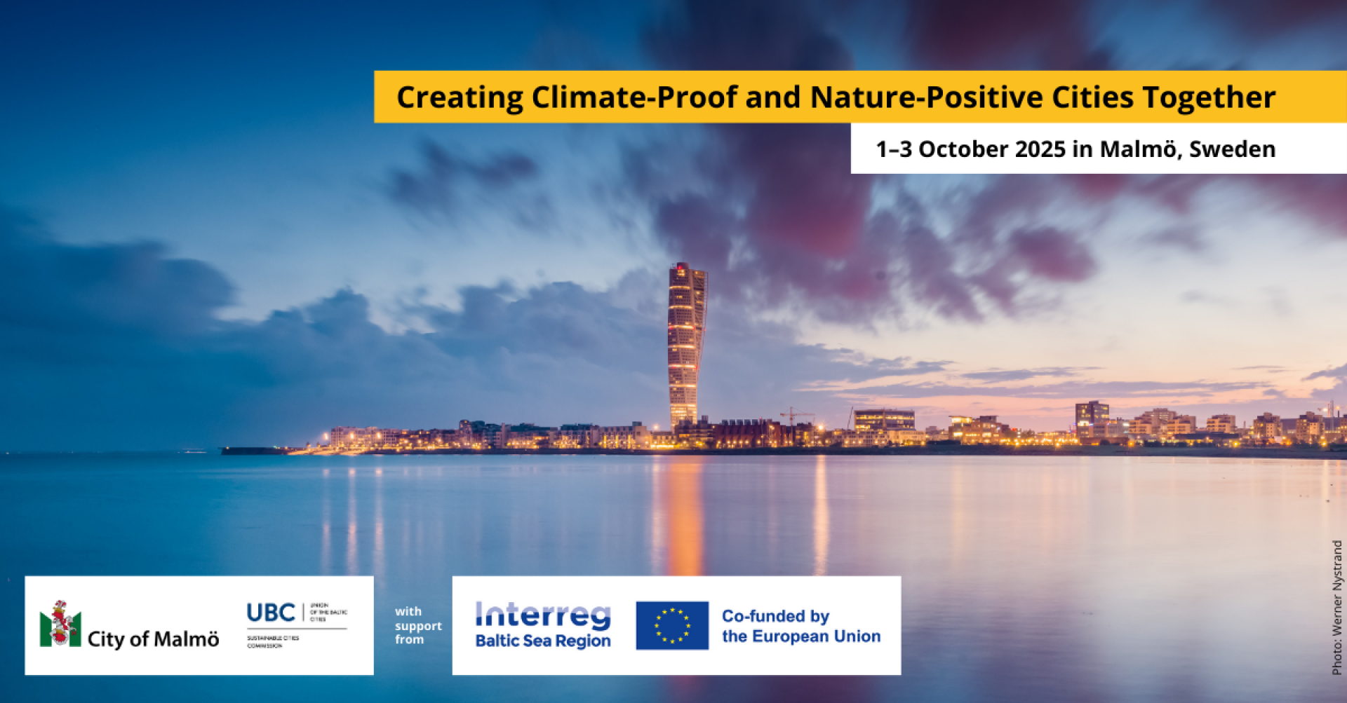 Banner with the view on Malmö and the title of the event: creating climate-proof and nature-positive cities together!
