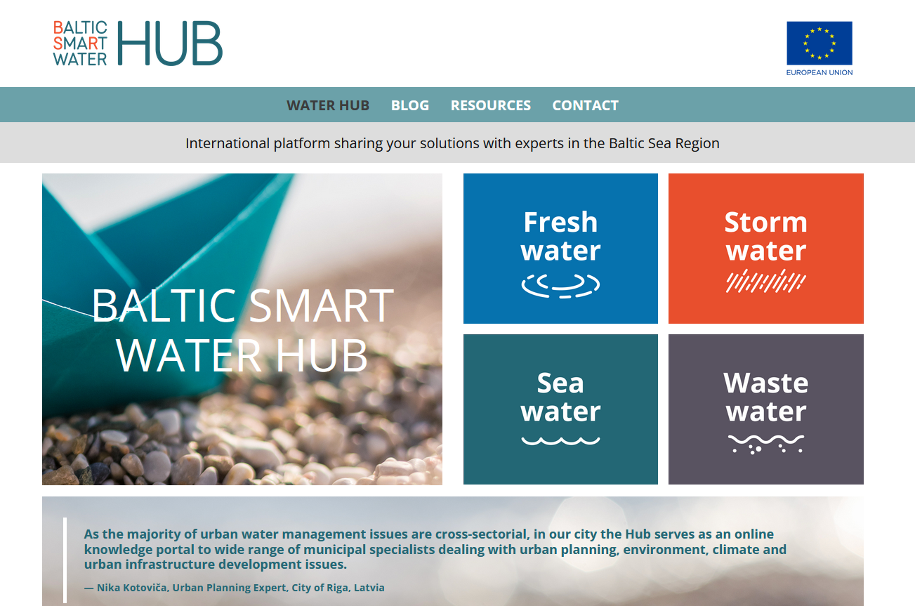Baltic Smart Water Hub front page, topics of fresh water, storm water, sea water and waste water.
